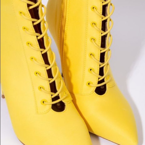 Azalea Wang Sunshine Yellow Victorian Inspired Lace Up Stiletto Booties - Picture 8 of 8
